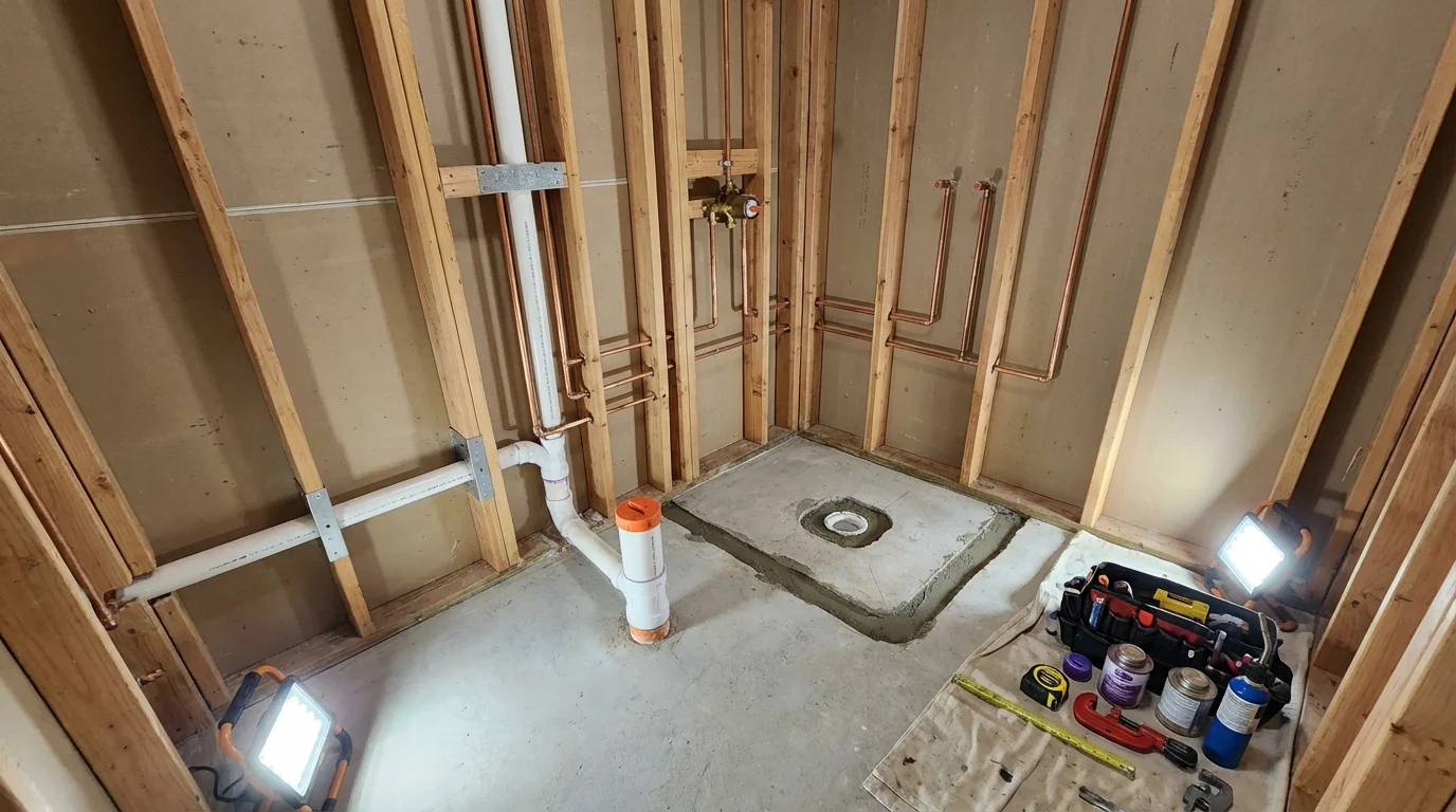 Bathroom rough-in plumbing during remodel by Johns Plumbing LLC in Manton