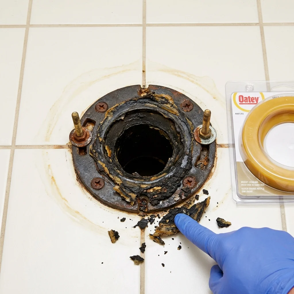Failed wax ring showing water seepage at the base of a toilet in a Manton, MI home