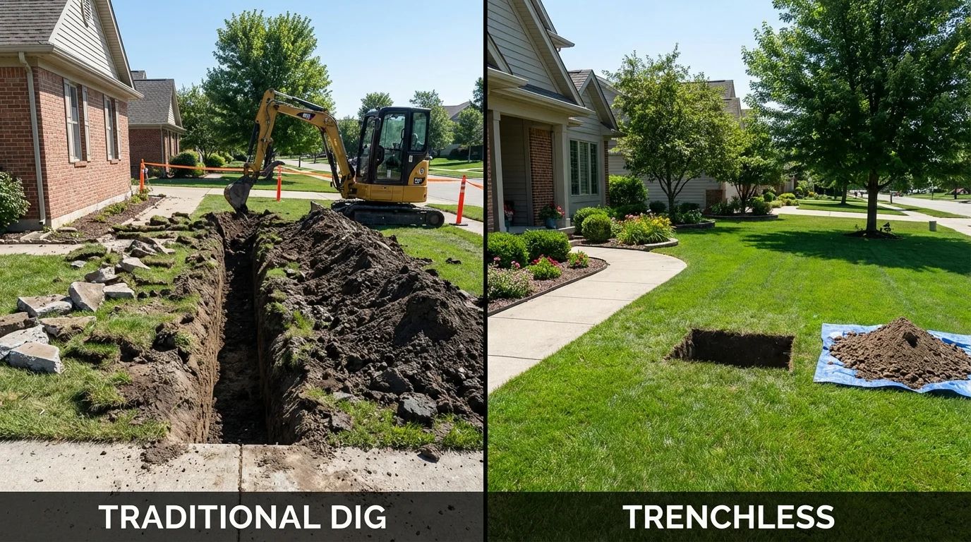 Trenchless sewer repair with minimal yard damage versus traditional excavation in Manton, MI