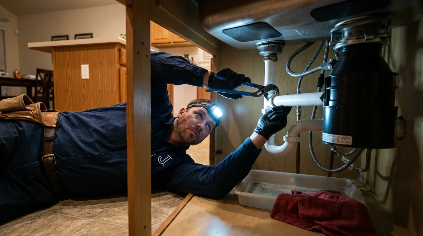 P-trap and supply line connections under a kitchen sink showing a common leak point in Manton, MI